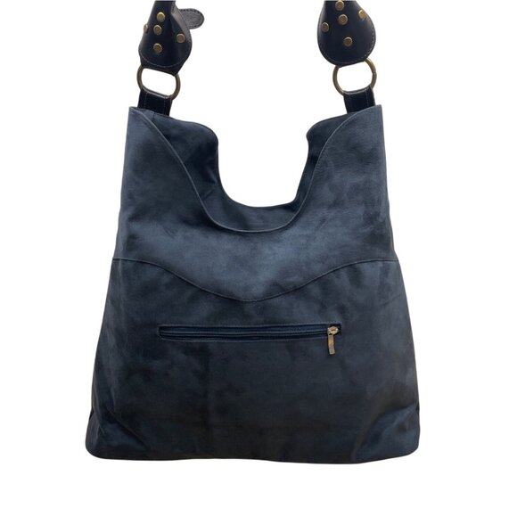 Women’s Dark Blue Faux Leather Embroidered Scroll Design Shoulder Bag - Picture 3 of 10